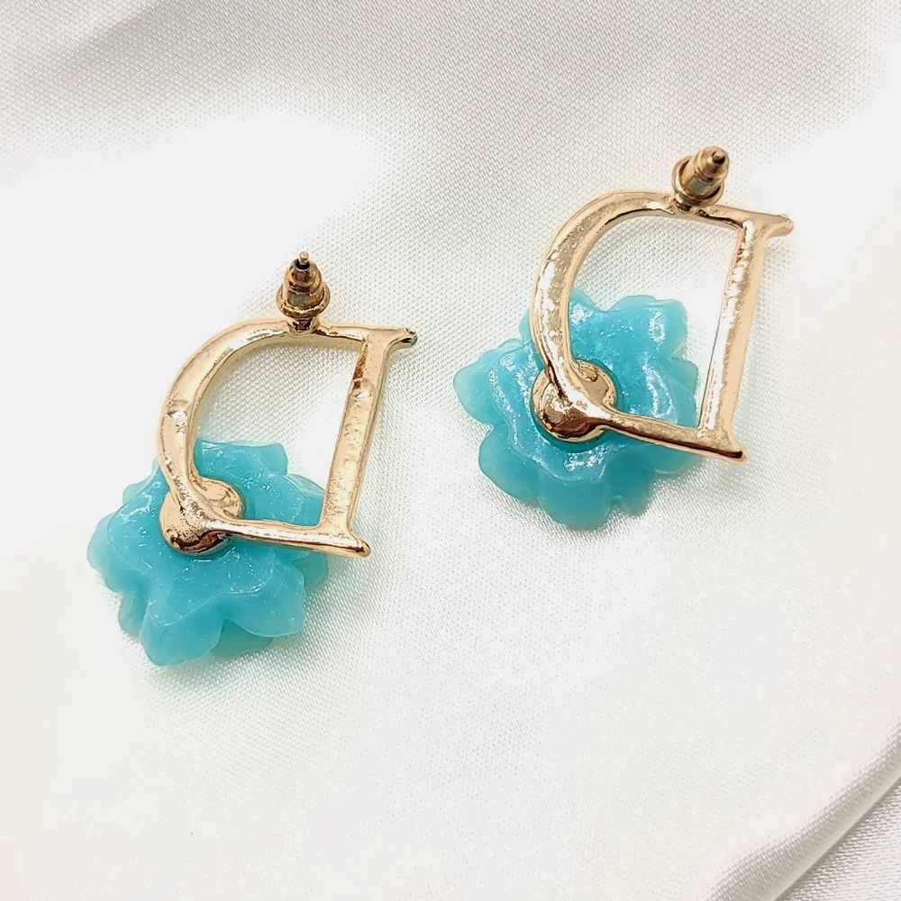 Iridescent Icy Blue Initial D Stud Earrings Aqua flower Earrings Diamond Studded